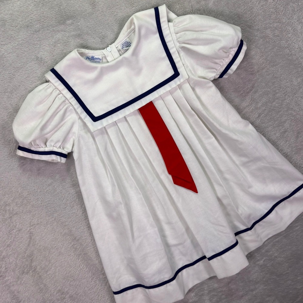 Her Majesty Kids Sailor Dress Size 4 White Navy Blue Red Nautical Pleated 85520